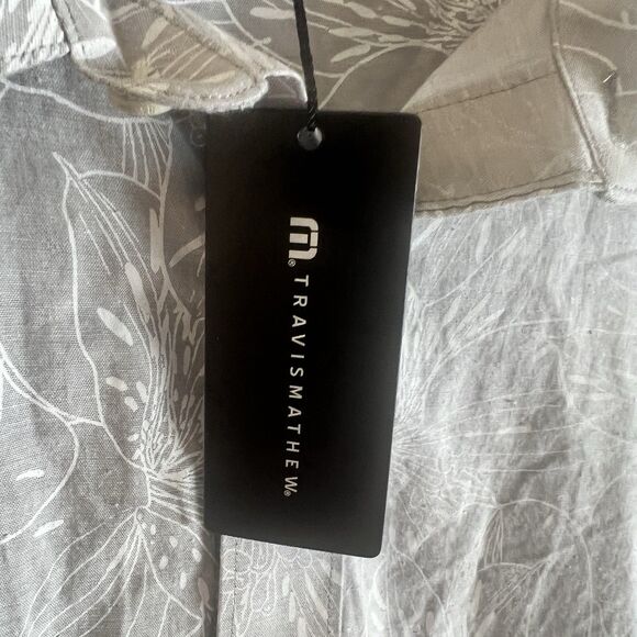 TravisMathew SCOOSH Button Up Shirt Mens L Floral Cotton Tropical Gray Botanical - Picture 3 of 7